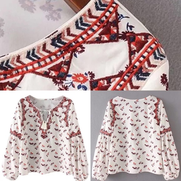 Forever 21 Tops - Forever 21 Cream and Red Embroidered Blouse